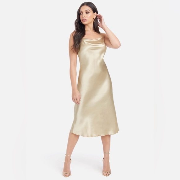 bebe Dresses & Skirts - BEBE Gold Satin Cowl Neck Slip Midi Dress Size Large